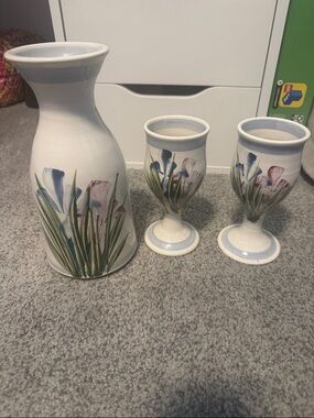 Hand-Painted Floral Ceramic Pottery Pitcher & Goblets Set - Blue, Green, Purple